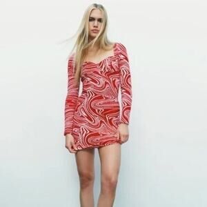 Zara Marble Long Sleeve Stretch Knit Sweetheart Bodycon Mini Dress S Red White